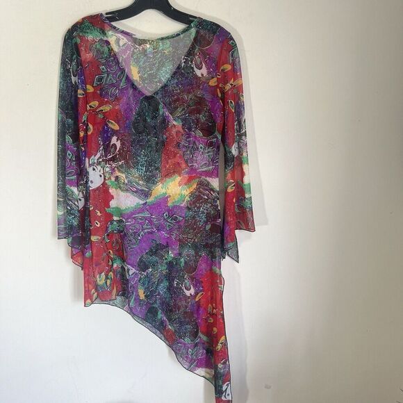 VTG Japanese Inspo Y2K Tunic Top 90s Mesh Geisha Girl Hanky Asymmetrical Hem S - Picture 6 of 10